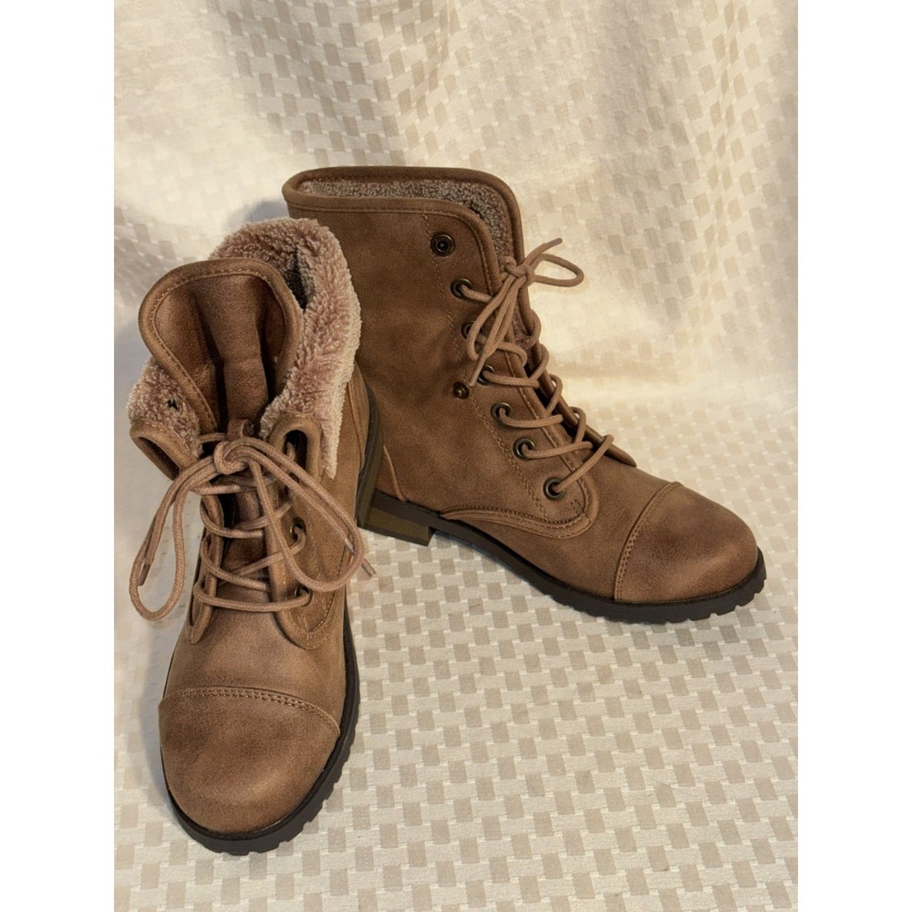 Seychelles‎ Lace Up Fold Down Leather Faux Fur Trim Combat Boots Tan Size 8